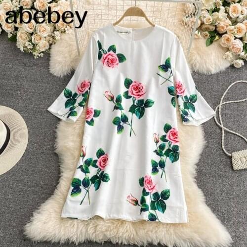 2021 New Summer Vintage O-neck split flare sleeve Dress high waist rose print loose casual mid-length A-line Dress