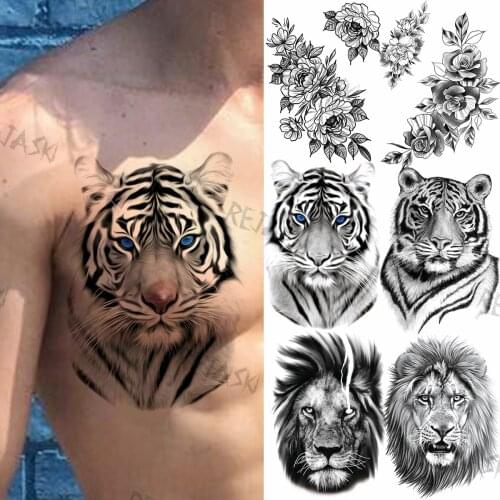 Large Black Tiger Waterproof Temporary Tattoos For Men Adults Realistic Dahlia Lion Tribal Fake Tattoo Sticker Sexy Waist Tatoos