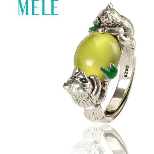 Yellow prehnite silver 925 adjustable rings for women,Animal Panda shape,fashion and trendy natural gemstone jewelry