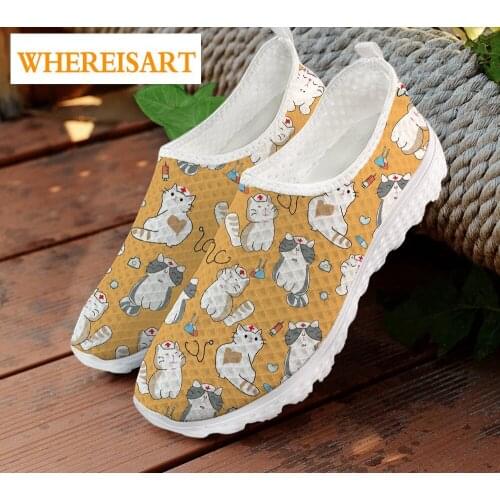 WHEREISART Lovely Cartoon Nurse Cat Pattern Flats Women Shoes Summer Breathable Yellow Shoes Air Mesh Light Sneaker for Girl