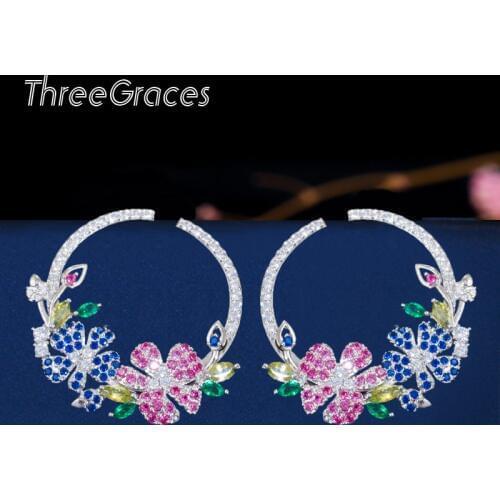 ThreeGraces Charming Cubic Zirconia Red and Blue Flower Big Round Multicolor Stud Earrings for Women Fashion Jewelry Gift ER327