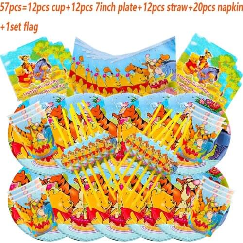 12PCS Disney Winnie the Pooh Cartoon Theme Birthday Party Supplies Paper cups Plates Napkin Party Disposable Tableware Kid Gifts