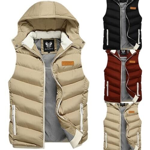 2020 Plus Size Beige Warm Mens Vests Winter Mens Sleeveless Jacket Thick Outercoat Waistcoats Male Slim fit Vest Hat Detachable