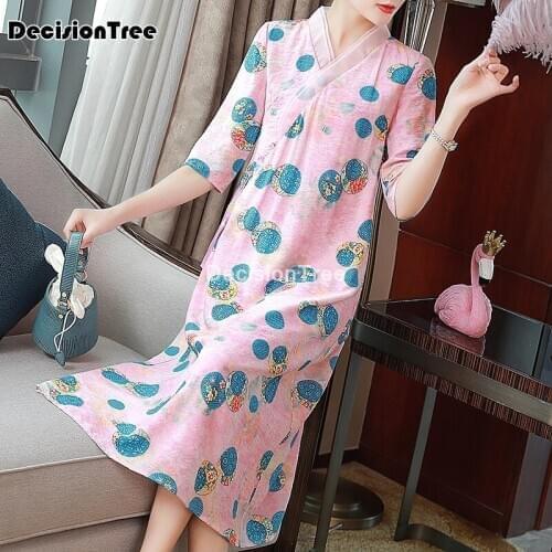 2021 chinese traditional cheongsam printing party dresses half sleeve loose qipao dress v neck ancient traditional dress