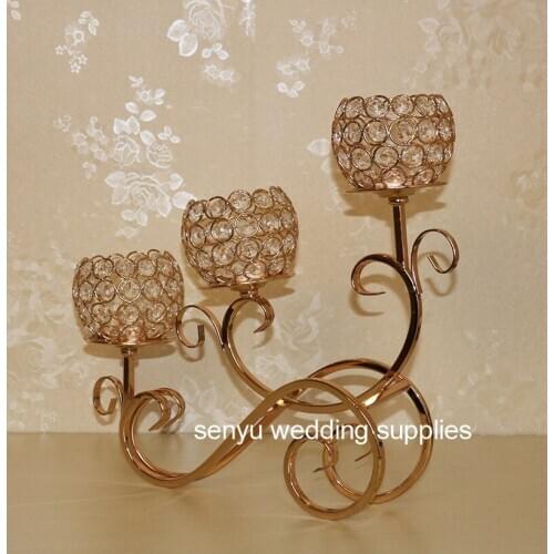 30days sent )New Crystal Candelabra Wedding Centerpieces 3 Arms Acrylic Clear Candle Holder Gold Candlesticks senyu0582