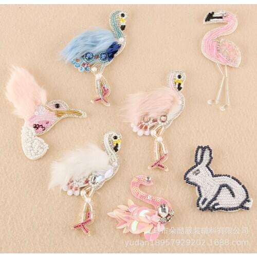 5pcs/lot Good Quality Cute Diy New Beaded Patches Bird Swan Flamingo Rabbit Animals Drill Sewing Decorations Garment Accessories