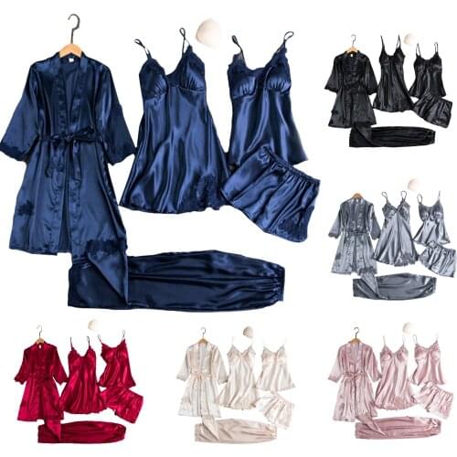 5PC Silk Robe Sleep Suit Womens Lace Satin Pajamas Gown Set V-Neck Cami Nighties Wear Pijama Home Nightwear Spring Nightdress