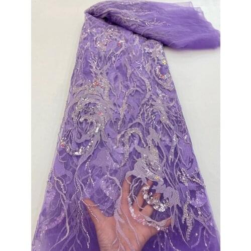 5yards/pc) High quality lilac purple French net lace with beads sequins embroidered African tulle lace for party dress FRX025