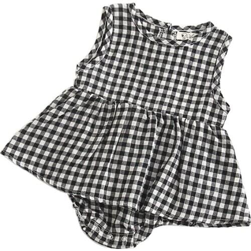 Baby Girls O-neck Sleeveless Little Plaids Patchwork Fake 2PCS Cotton Soft Wearing Summer Rompers Dressing Rompers