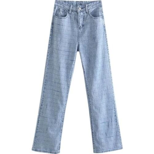 INS blogger plaid casual washing mop trousers female American retro girl high waist straight jeans DLZK700
