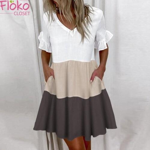 Flokocloset Summer Print Ruffle Pocket Mini Dresses for Women 2021 Casual A-LINE Party Beach Dress