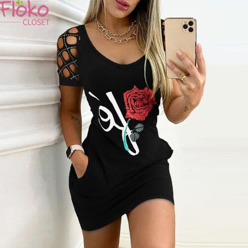 Flokocloset Rose Print Pocket Mini Dress Women Summer Casual O-Neck Short Sleeve Party Dress Lady Sexy Hollow Out Dress Vestido