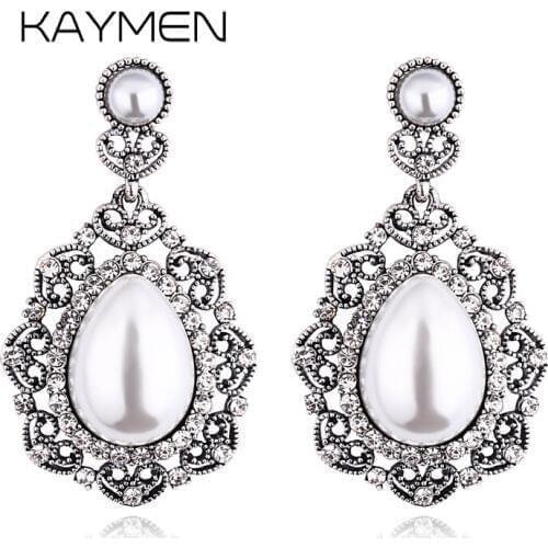 Fshionable Zinc-alloy Antique Golden Plated Inlaid Rhinestones and Imitation Pearl Vintage Dangle Earrings for Women Party Prom