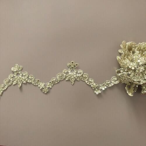 2Yards Gold Sequins Lace Trims Ribbon Flower Applique Handmade DIY Material Wedding Dress Sewing Accessories Clothing wide 7.5cm