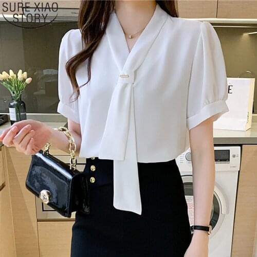Summer Chiffon Blouse Fashion White Shirts 2021 new Women tops V Neck Short Sleeve Female Clothing with Tie Blusas Mujer 15063