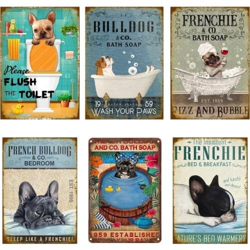 Metal Tin Signs French Bulldog Bath Soap Bathroom Living Room Dog Lover Decoration Home Wall Art Poster Decor 8 X 12 Inches
