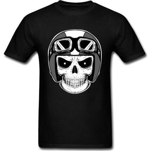 Moto Biker Tshirt Mens T-shirts Punk Skull Helmet T Shirt Funky Short Sleeve Tops & Tees O Neck All Cotton Clothes Faddish Black