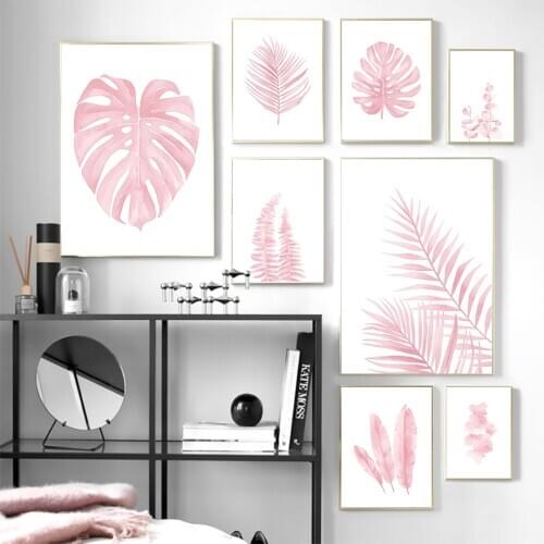 Accept Customize Color Pink Feather Leaf Plant Wall Art Canvas Painting Nordic Poster Prints Wall Pictures For Living Room Decor
