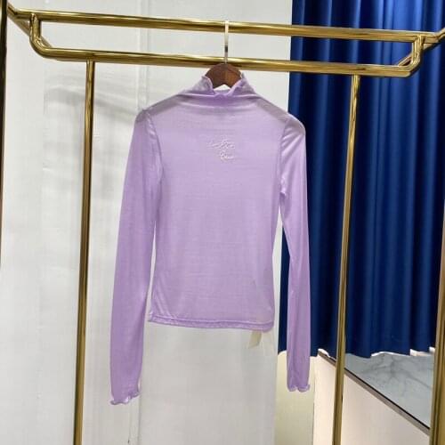 2021 New Womens 9.18 Fashion Sexy Transparent T-shirt Women Retro Casual Solid Color Embroidery Letter High Neck Thin Tee