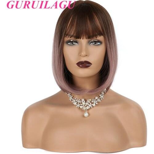 GURUILAGU Highlight Honey Blonde Full Machine Made Wigs With Bangs Short Bob Wig Synthetic Straight Hair Wigs For Women