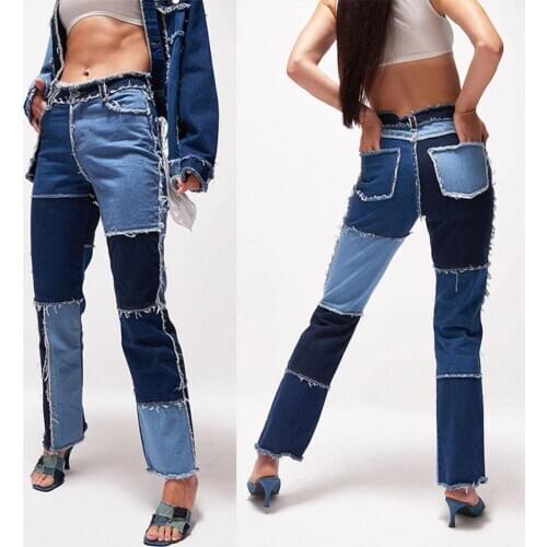 Variegated Patchwork Womens Straight Skinny Jeans Vintage High Waist Boyfriends Denim Distressed Streetwear Female Denim Pants