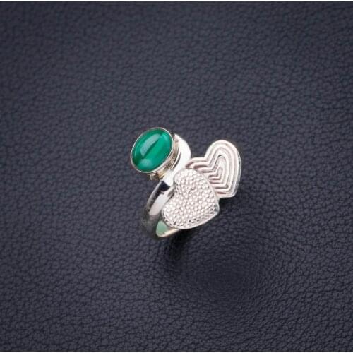 StarGems Natural Malachite Love-Shape Handmade 925 Sterling Silver Ring 7 D4172