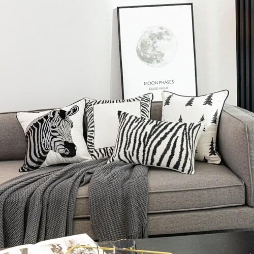 Light luxury pillow with embroidery ins pillowcase Zebra pattern black and white geometric simple Nordic sofa pillow