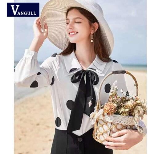 Vangull Office Lady T-shirt Casual Elegant Lapel Single-Breasted Spotted Blouse 2021 Spring And Summer New Famele Shirt