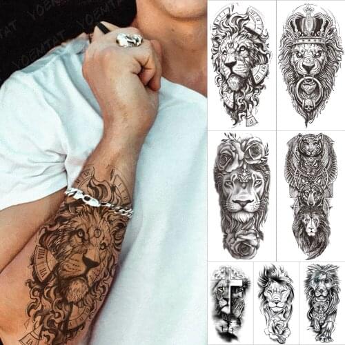Waterproof Temporary Tattoo Sticker Realistic Clock Lion Tattoos Crown Jewelry Animal Body Art Arm Fake Sleeve Tatoo Women