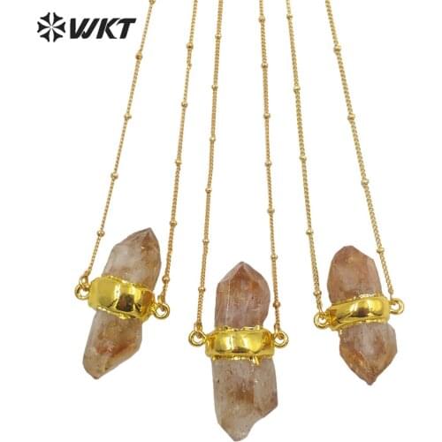 WT-N1290 Wholesale Healing spirit yellow citrine quartz stone necklace 18inch long stellite beads chain citrine pendant necklace