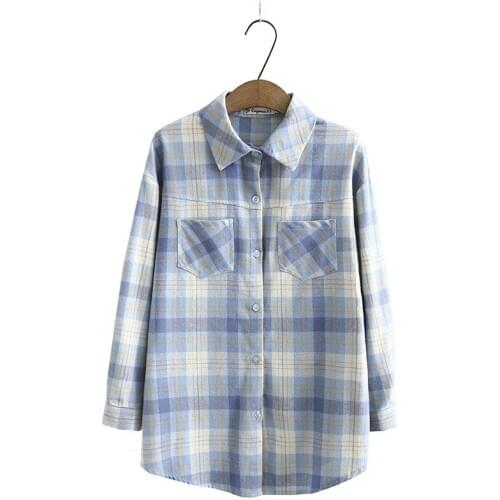 Plus Size L-4XL Womens Plaid Blouse Long Sleeved Casual Streetwear Female Vintage Tops