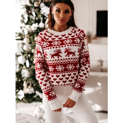 New Winter Christmas Women Sweaters Tops Casual Long Sleeve Elk Snowflake Print Knitted Pullover Warm Jumpers Female Clothes