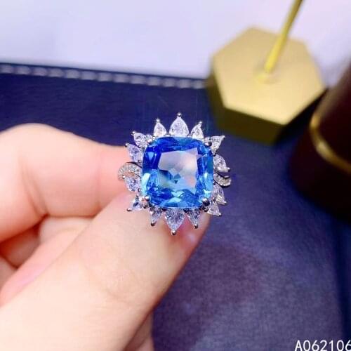 925 Pure Silver Chinese Style Natural Swiss Blue Topaz Womens Luxury Exquisite Square Adjustable Gem Ring Fine Jewelry Support