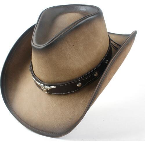 2019 2019 New Leather Cowboy Cowgirl Hat Bull Head Leather Band Decor Men Women Large Brim Jazz Cap
