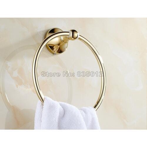Gold Color Bathroom Accessory Wall Mounted Polished Brass Finish Round Towel Rings Holder Wba876