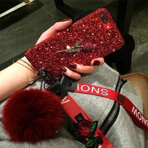 Diamond Rose Fur Ball Bling Glitter Case Cover With Flower Strap For Samsung Galaxy Note 10 9 8 S20 Ultra S10E S10 S9 S8 Plus