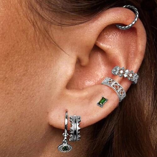 Huitan Stylish 6Pcs/Set Single Ear Rings for Women Delicate Clip Cuff Shiny CZ Stud Eye Shape Drop Earring Female Trendy Jewelry