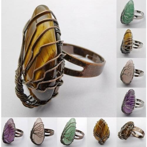 Handmade Tree Of Life Green Aventurine Tigereye Purple Crystal Stone GEM Wire Wrap Finger Ring Jewelry Size 8-9 1PCS