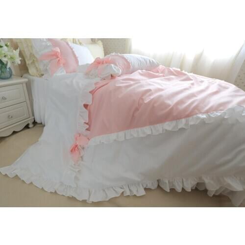 Princess bedding set pink white splice queen size ruffle lace double duvet cover yarn bedspread bowknot bed pillow case HM-01P