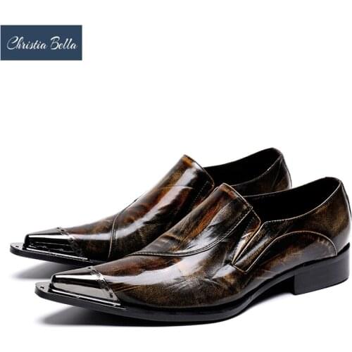 Christia Bella British Style Brown Men Genuine Leather Shoes Pointed Toe Business Formal Shoes Party Celebration Brogue Shoes