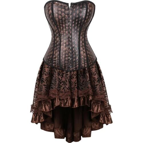 Steampunk Corset Dress Gothic Skull Print Faux Leather Corset Bustier Top With Asymmetrical Ploral Lace Skirt Set Brown S-6XL
