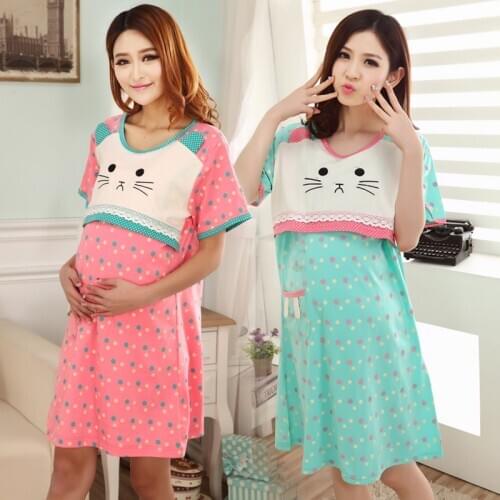 Summer Nightgown Pajamas Postpartum Lactation Feeding Summer Cartoon Short Sleeved Casual And Simple Thin Maternity Pregnancy