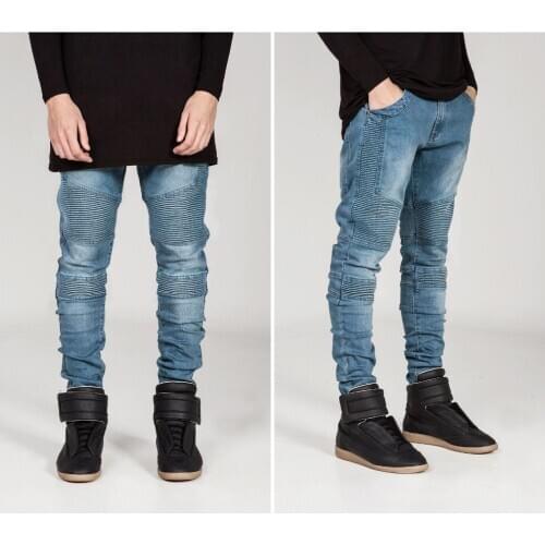 Mens Skinny jeans men 2016 Runway Distressed slim elastic jeans denim Biker jeans hiphop pants Washed black jeans for men blue