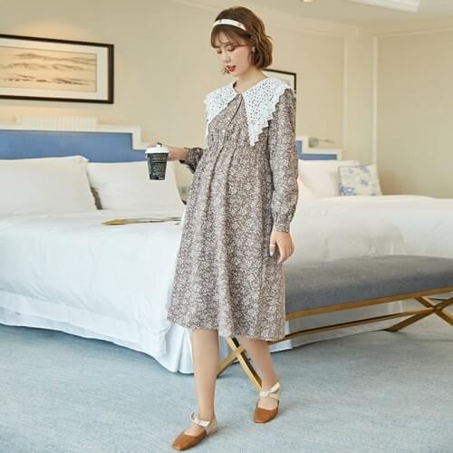 Maternity Clothes Autumn and Winter Lace Peter Pan Collar Dress Fairy Western Style Fashion Mom Versatile shi shang kuan Floral