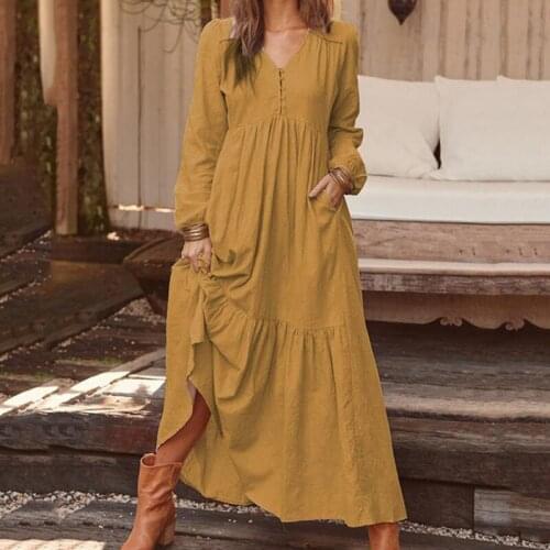 Autumn Women Dress Vintage Buttons Party Dress Casual Solid Fashion Long Sleeve V Neck A Line Female Sexy Dresses