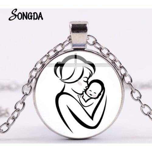 Mother and Baby Necklace Warm Embrace Simple Drawing Glass Crystal Pendant Lovely Child Mothers Day Gift Meaning Jewelry
