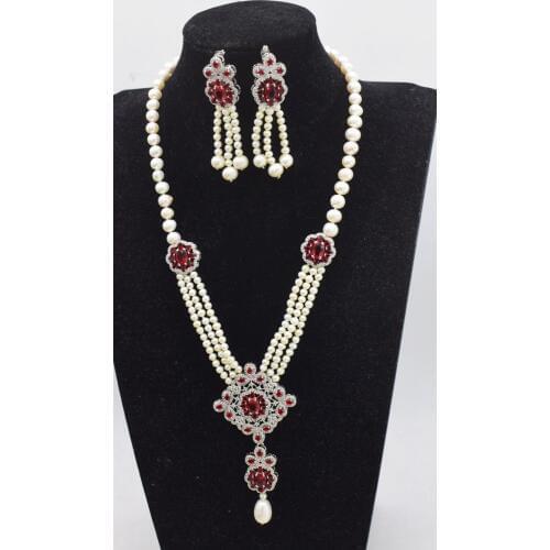 One set freshwater pearl white near round 7-8mm and red/green/blueflower zircon necklace earrings nature FPPJ wholesale beads