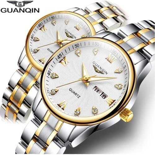 GUANQIN Couple Watch Set Men Women lovers Watch Stainless Steel Date Luxury Gold Quartz Watch Women Clock Ladies Wrist Watch