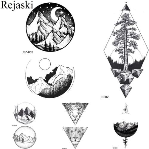 Rejaski Geometric Round Tattoo Stickers Women Arm Art Temporary Tattoo Pine Tree Waterproof Men Transferable Tatoos Moon Valley
