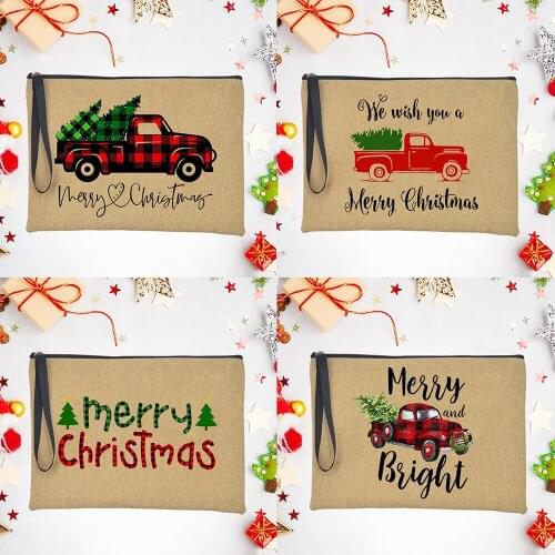 Merry Christmas Women Clutches Tote Bags Casual Fashion Linen Travel Lipstick Orange Handbag Christmas Trees Printed Xmas Gift